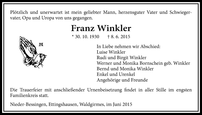  Traueranzeige für Franz Winkler vom 18.06.2015 aus Licher Wochenblatt, Licher Wochenblatt, Licher Wochenblatt