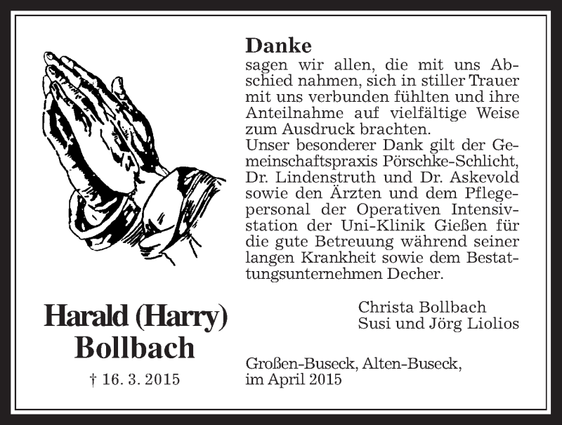  Traueranzeige für Harald Bollbach vom 18.04.2015 aus Gießener Allgemeine, Alsfelder Allgemeine