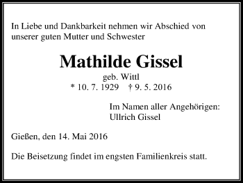 Traueranzeige von Mathilde Gissel von Gießener Allgemeine, Alsfelder Allgemeine
