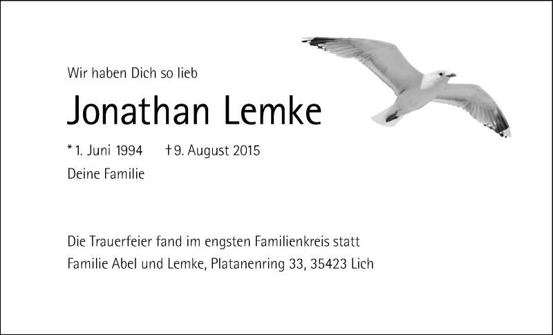  Traueranzeige für Jonathan Lemke vom 20.08.2015 aus Licher Wochenblatt, Licher Wochenblatt, Licher Wochenblatt