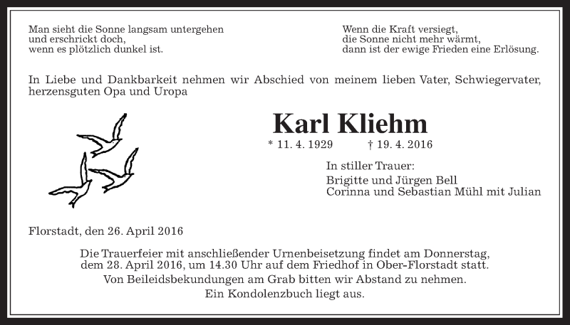  Traueranzeige für Karl Kliehm vom 26.04.2016 aus Wetterauer Zeitung, Wetterauer Zeitung