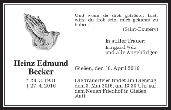 Traueranzeige von Heinz Edmund Becker von Gießener Allgemeine, Alsfelder Allgemeine