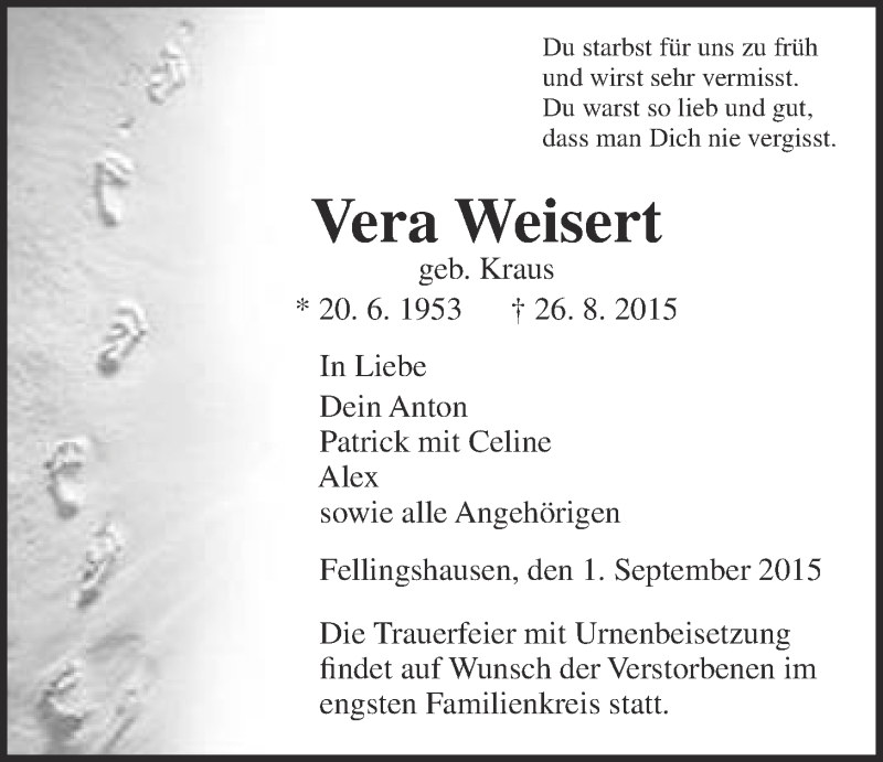  Traueranzeige für Vera Weisert vom 01.09.2015 aus Gießener Allgemeine, Alsfelder Allgemeine