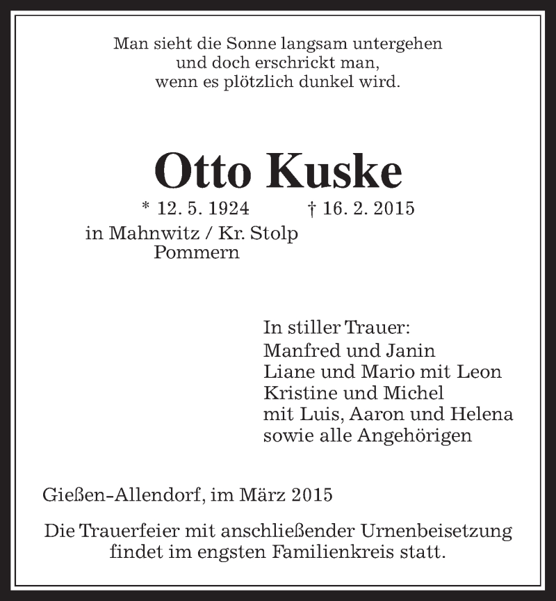  Traueranzeige für Otto Kuske vom 03.03.2015 aus Gießener Allgemeine, Alsfelder Allgemeine