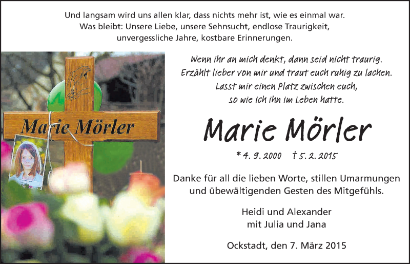  Traueranzeige für Marie Mörler vom 07.03.2015 aus Wetterauer Zeitung, Wetterauer Zeitung