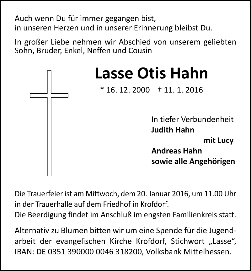  Traueranzeige für Lasse Otis Hahn vom 16.01.2016 aus Gießener Allgemeine, Alsfelder Allgemeine
