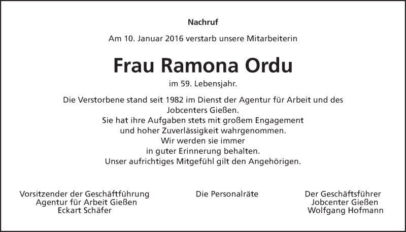  Traueranzeige für Ramona Ordu vom 15.01.2016 aus Gießener Allgemeine, Alsfelder Allgemeine
