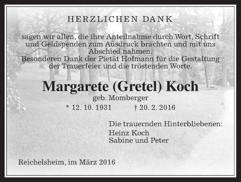  Traueranzeige für Margarete Koch vom 26.03.2016 aus Wetterauer Zeitung, Wetterauer Zeitung