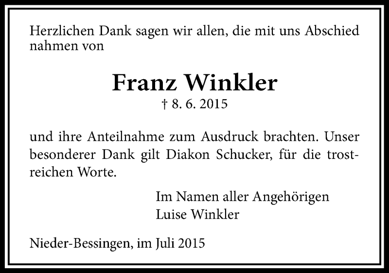  Traueranzeige für Franz Winkler vom 02.07.2015 aus Licher Wochenblatt, Licher Wochenblatt, Licher Wochenblatt