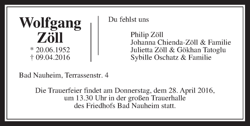  Traueranzeige für Wolfgang Zöll vom 23.04.2016 aus Gießener Allgemeine, Alsfelder Allgemeine, Wetterauer Zeitung, Wetterauer Zeitung