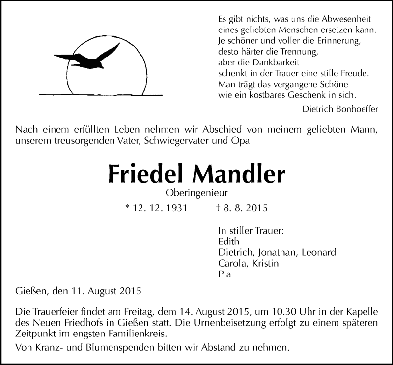  Traueranzeige für Friedel Mandler vom 11.08.2015 aus Gießener Allgemeine, Alsfelder Allgemeine
