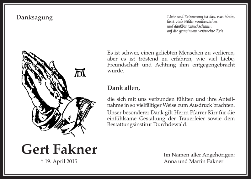  Traueranzeige für Gert Fakner vom 09.05.2015 aus Wetterauer Zeitung, Wetterauer Zeitung