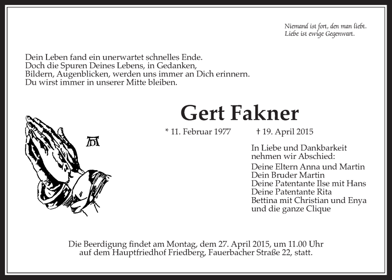  Traueranzeige für Gert Fakner vom 23.04.2015 aus Wetterauer Zeitung, Wetterauer Zeitung