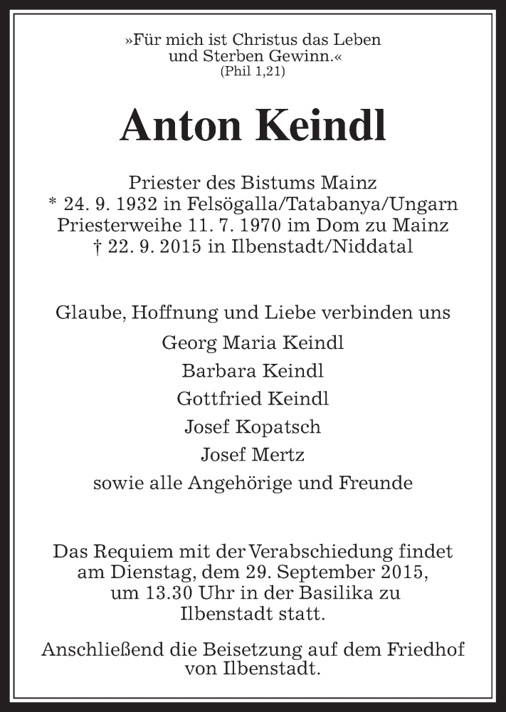  Traueranzeige für Anton Keindl vom 25.09.2015 aus Wetterauer Zeitung, Wetterauer Zeitung
