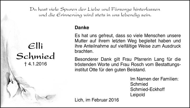  Traueranzeige für Elli Schmied vom 18.02.2016 aus Licher Wochenblatt, Licher Wochenblatt, Licher Wochenblatt