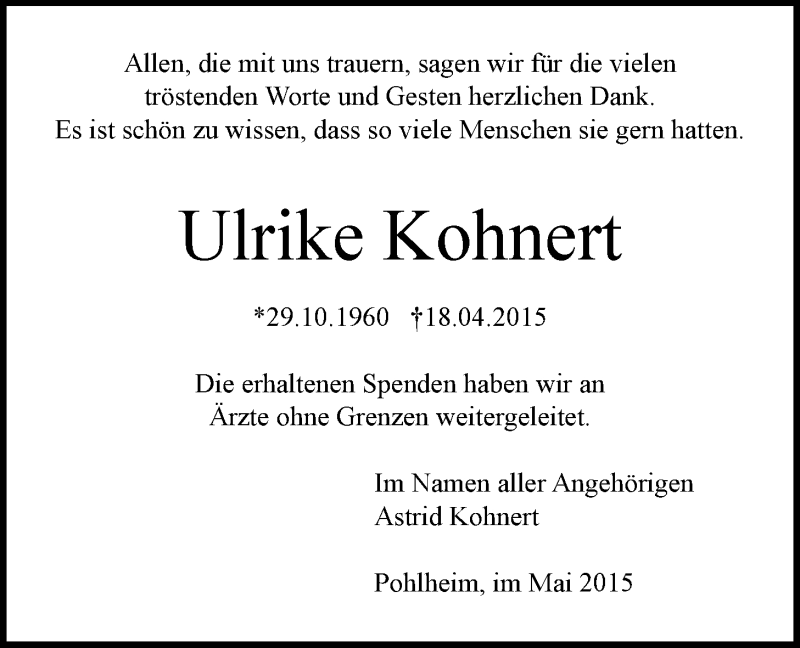  Traueranzeige für Ulrike Kohnert vom 16.05.2015 aus Gießener Allgemeine, Alsfelder Allgemeine