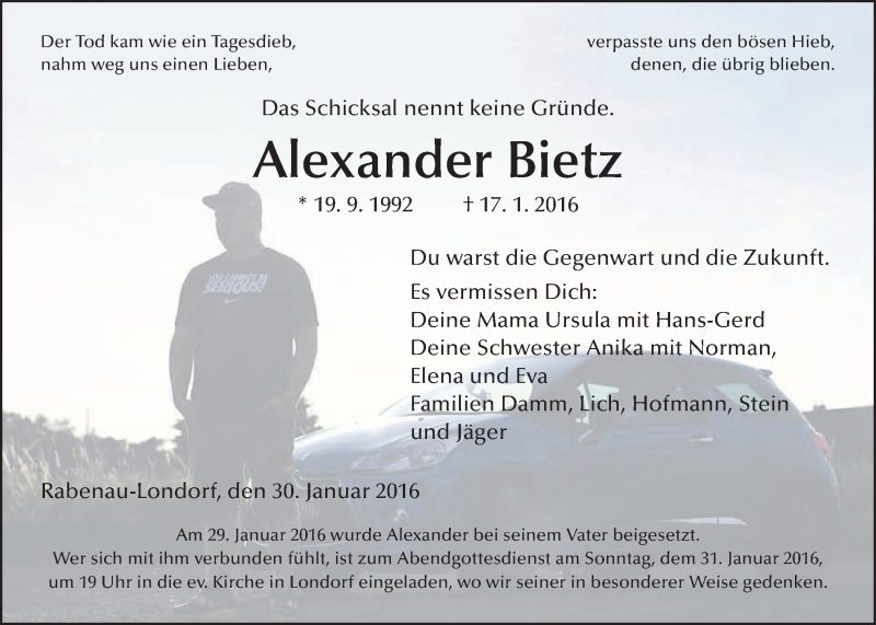  Traueranzeige für Alexander Bietz vom 10.02.2016 aus 