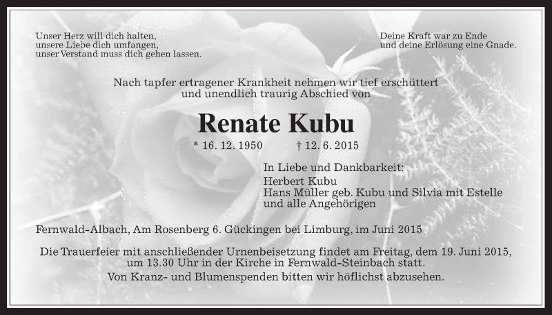  Traueranzeige für Renate Kubu vom 16.06.2015 aus Gießener Allgemeine, Alsfelder Allgemeine, Wetterauer Zeitung, Wetterauer Zeitung