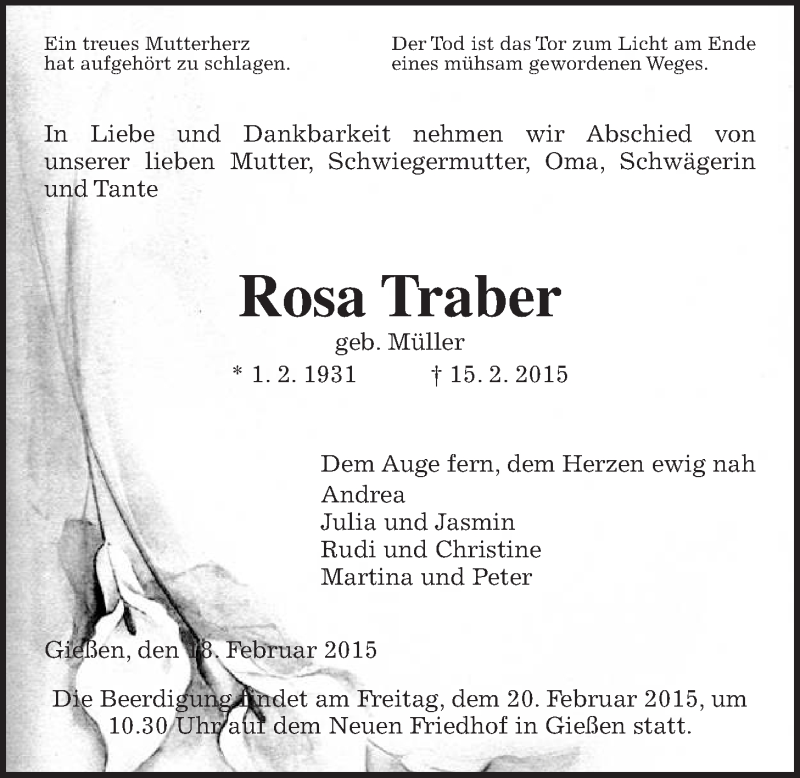  Traueranzeige für Rosa Traber vom 18.02.2015 aus Gießener Allgemeine, Alsfelder Allgemeine