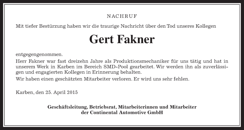  Traueranzeige für Gert Fakner vom 25.04.2015 aus Wetterauer Zeitung, Wetterauer Zeitung