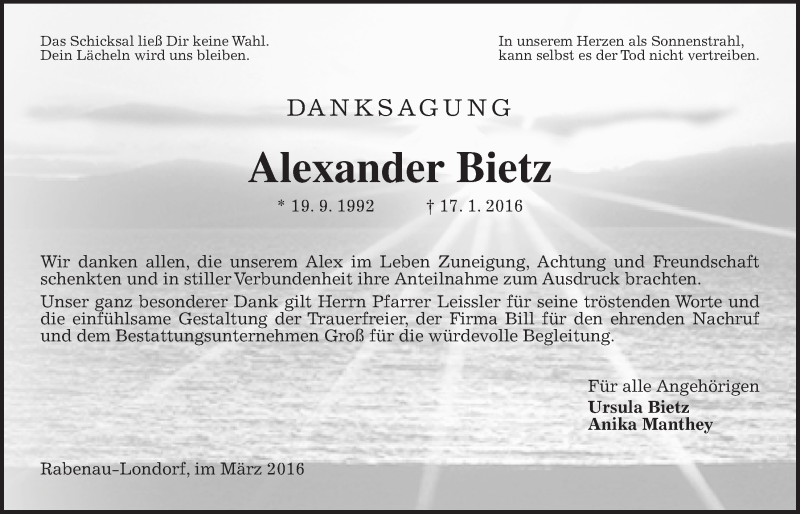 Traueranzeige für Alexander Bietz vom 05.03.2016 aus Gießener Allgemeine, Alsfelder Allgemeine
