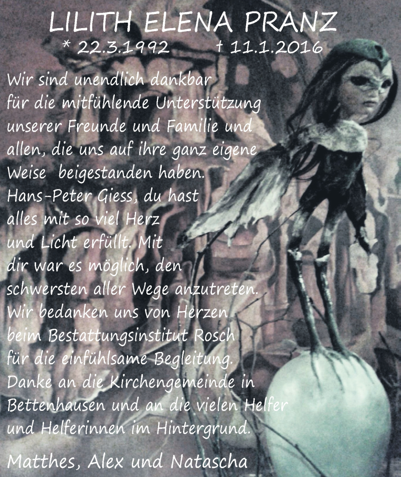  Traueranzeige für Lilith Elena Pranz vom 04.02.2016 aus Licher Wochenblatt, Licher Wochenblatt, Licher Wochenblatt