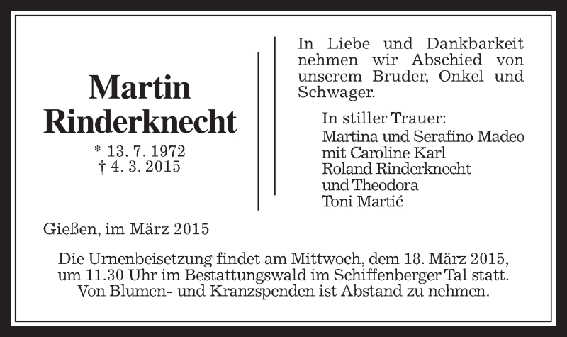  Traueranzeige für Martin Rinderknecht vom 14.03.2015 aus Gießener Allgemeine, Alsfelder Allgemeine