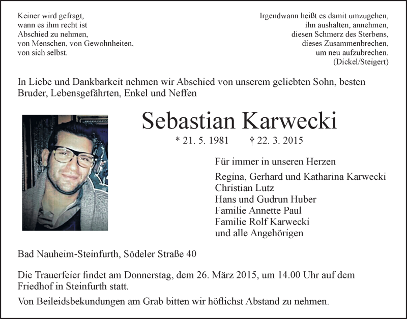  Traueranzeige für Sebastian Karwecki vom 24.03.2015 aus Wetterauer Zeitung, Wetterauer Zeitung