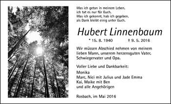 Traueranzeige von Hubert Linnenbaum von Wetterauer Zeitung, Wetterauer Zeitung