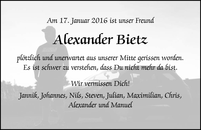  Traueranzeige für Alexander Bietz vom 28.04.2016 aus Rabenauer Zeitung