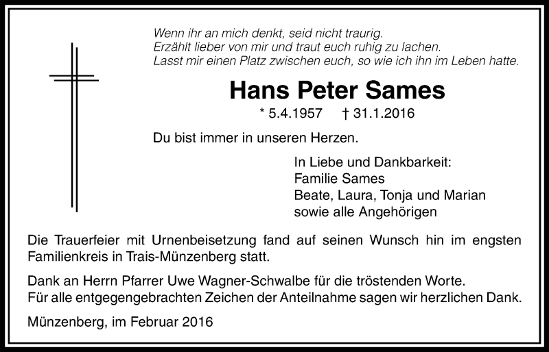  Traueranzeige für Hans Peter Sames vom 11.02.2016 aus Licher Wochenblatt, Licher Wochenblatt, Licher Wochenblatt
