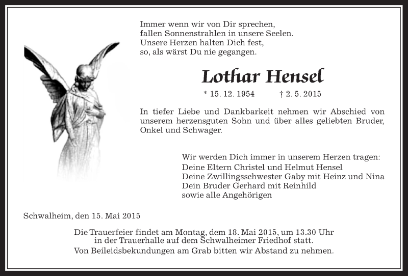  Traueranzeige für Lothar Hensel vom 15.05.2015 aus Wetterauer Zeitung, Wetterauer Zeitung