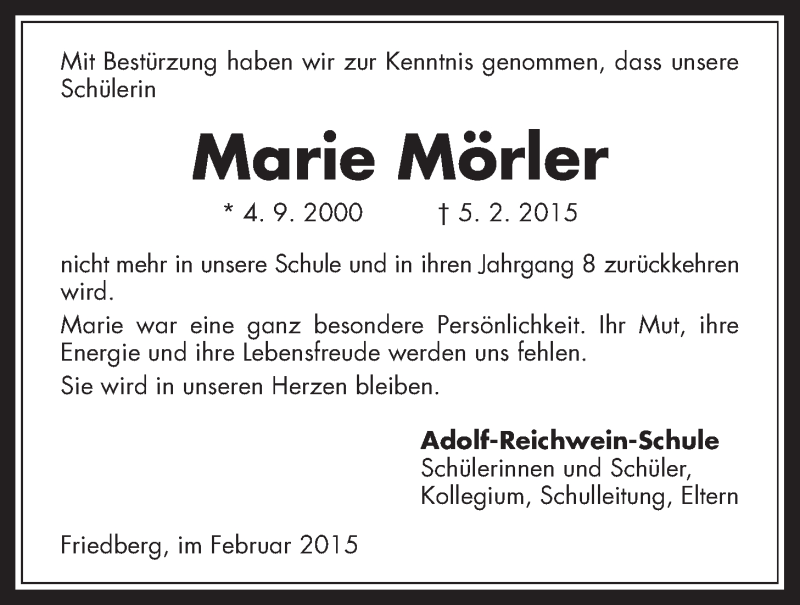  Traueranzeige für Marie Mörler vom 13.02.2015 aus Wetterauer Zeitung, Wetterauer Zeitung