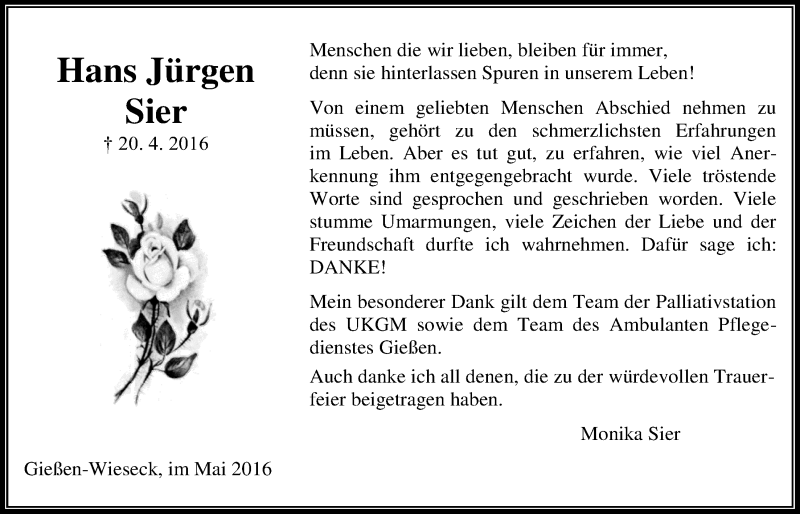  Traueranzeige für Hans Jürgen Sier vom 14.05.2016 aus Gießener Allgemeine, Alsfelder Allgemeine