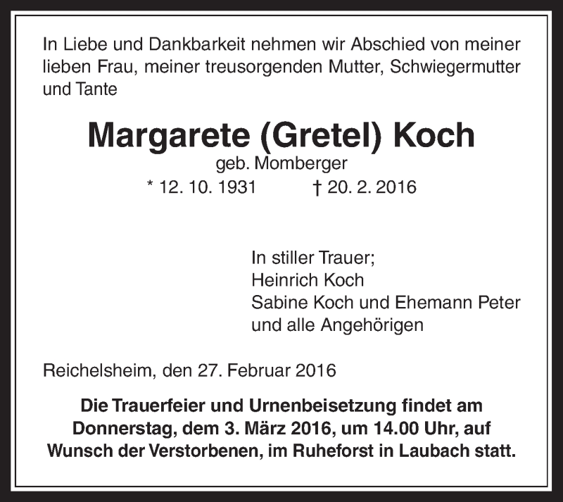  Traueranzeige für Margarete Koch vom 27.02.2016 aus Wetterauer Zeitung, Wetterauer Zeitung