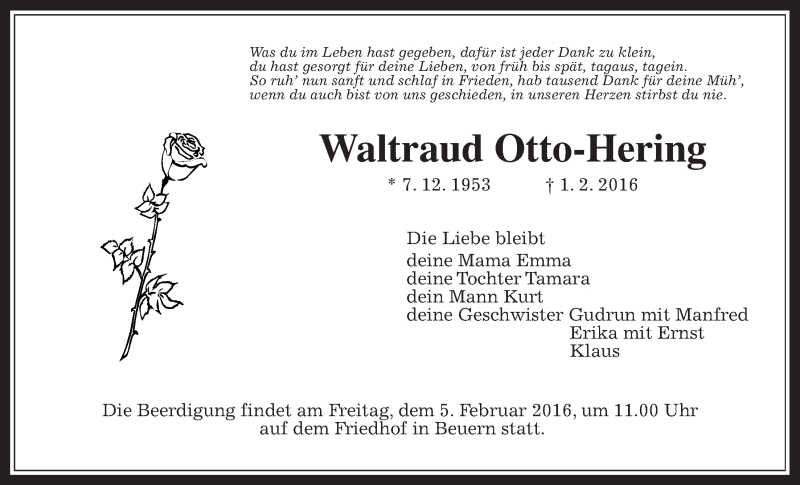  Traueranzeige für Waltraud Otto-Hering vom 04.02.2016 aus Gießener Allgemeine, Alsfelder Allgemeine