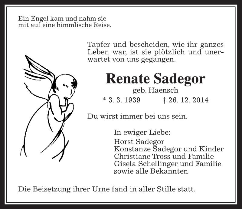 Traueranzeige für Renate Sadegor vom 17.01.2015 aus Wetterauer Zeitung, Wetterauer Zeitung