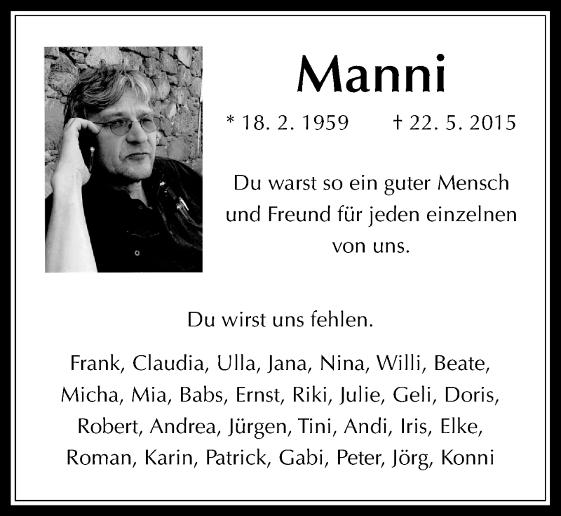  Traueranzeige für Manni Bock vom 30.05.2015 aus Gießener Allgemeine, Alsfelder Allgemeine