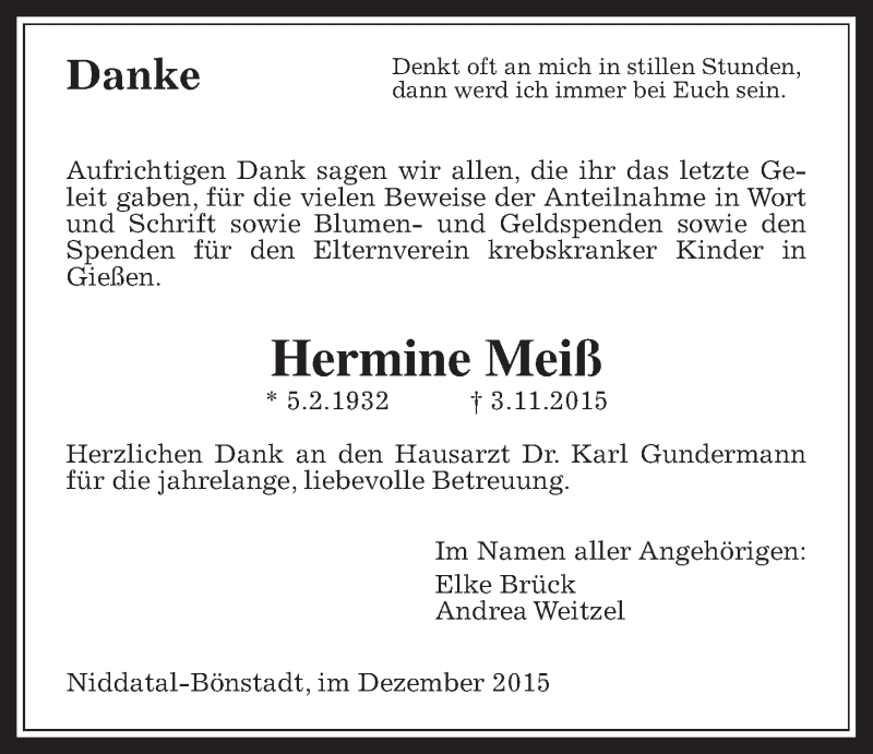 Traueranzeige für Hermine Meiß vom 12.12.2015 aus Wetterauer Zeitung, Wetterauer Zeitung