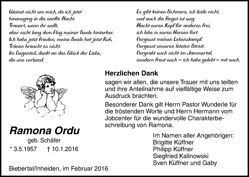  Traueranzeige für Ramona Ordu vom 04.02.2016 aus Licher Wochenblatt, Licher Wochenblatt, Licher Wochenblatt