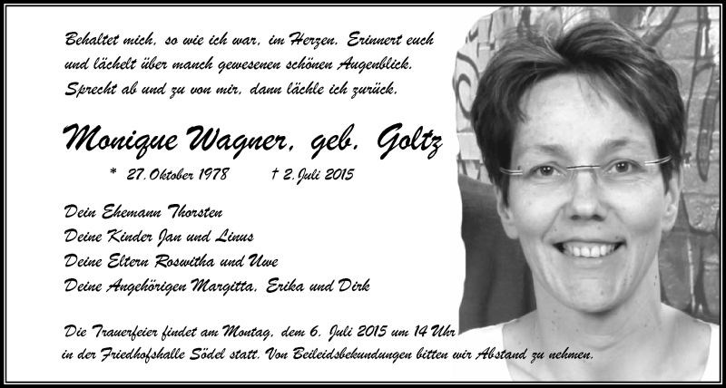  Traueranzeige für Monique Wagner vom 04.07.2015 aus Wetterauer Zeitung, Wetterauer Zeitung