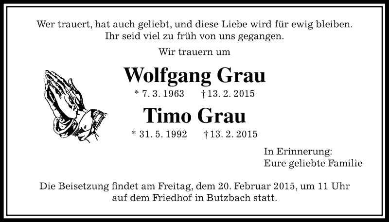  Traueranzeige für Wolfgang und Timo Grau vom 19.02.2015 aus Gießener Allgemeine, Alsfelder Allgemeine