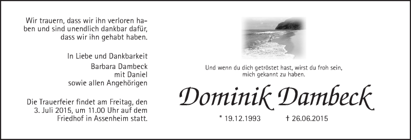 Traueranzeige für Dominik Dambeck vom 01.07.2015 aus Wetterauer Zeitung, Wetterauer Zeitung