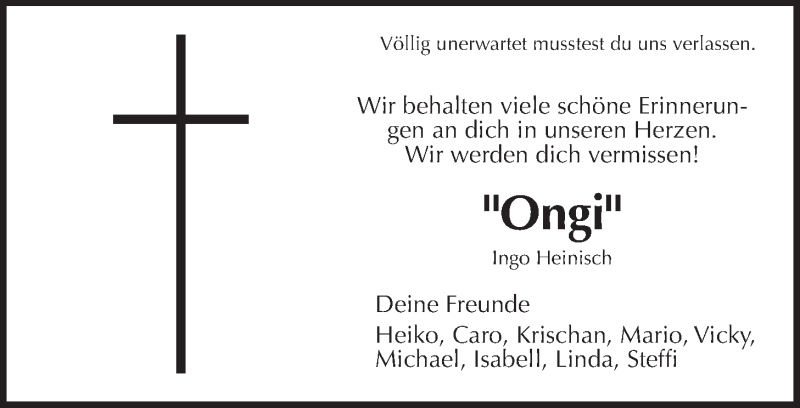  Traueranzeige für Ingo Heinisch vom 02.10.2015 aus Wetterauer Zeitung, Wetterauer Zeitung