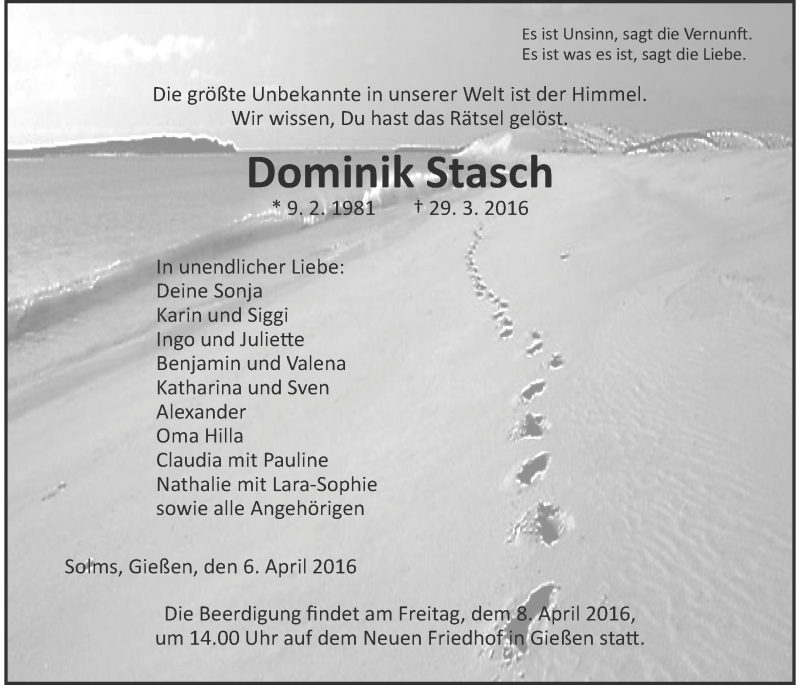  Traueranzeige für Dominik Stasch vom 06.04.2016 aus Gießener Allgemeine, Alsfelder Allgemeine