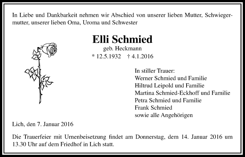  Traueranzeige für Elli Schmied vom 07.01.2016 aus Licher Wochenblatt, Licher Wochenblatt, Licher Wochenblatt