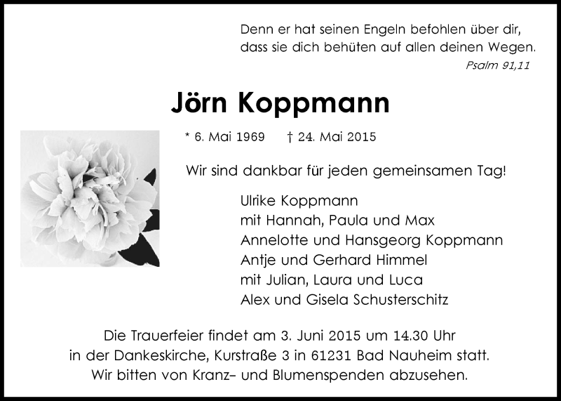  Traueranzeige für Jörn Koppmann vom 30.05.2015 aus Gießener Allgemeine, Alsfelder Allgemeine, Wetterauer Zeitung, Wetterauer Zeitung