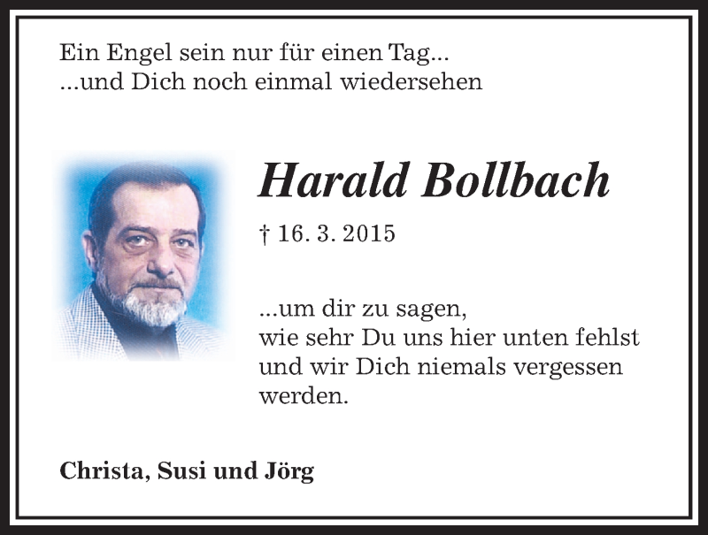  Traueranzeige für Harald Bollbach vom 16.03.2016 aus Gießener Allgemeine, Alsfelder Allgemeine