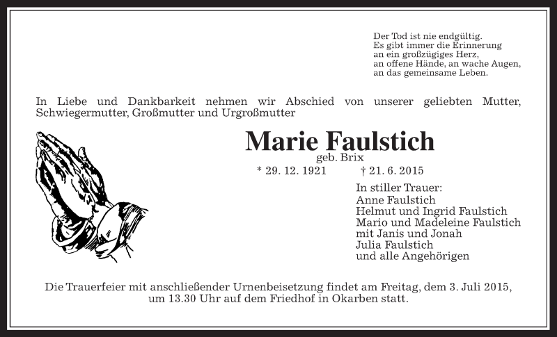  Traueranzeige für Marie Faulstich vom 27.06.2015 aus Wetterauer Zeitung, Wetterauer Zeitung