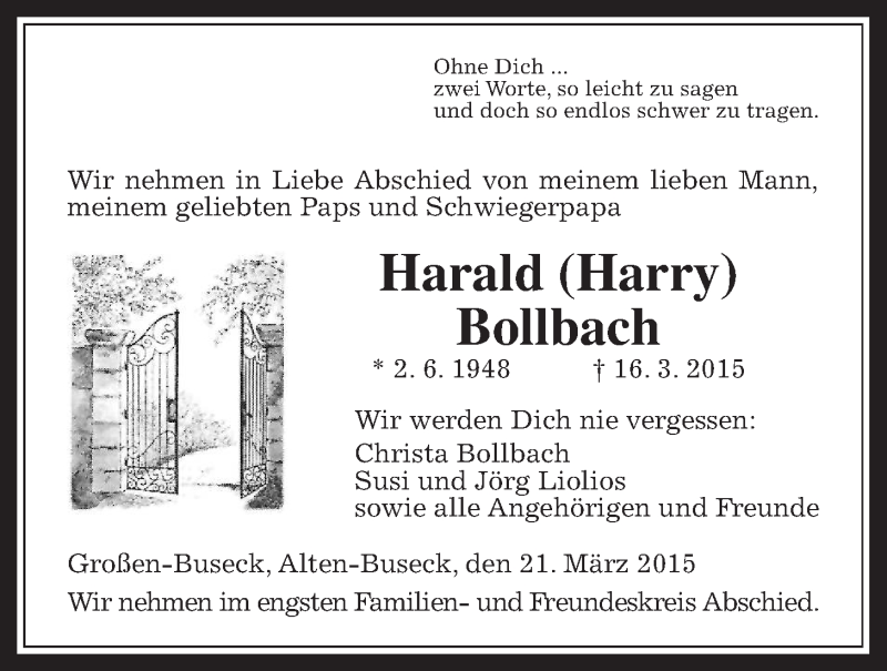  Traueranzeige für Harald Bollbach vom 21.03.2015 aus Gießener Allgemeine, Alsfelder Allgemeine